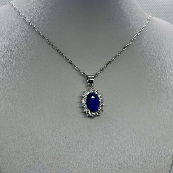 Oval Sapphire Blue CZ Stone Necklace Womens 18” W Extender Sterling Silver Chain - Picture 2 of 7
